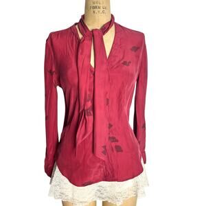 Minimalist Womens XS Red Silk Tie Blouse Equipment Floral